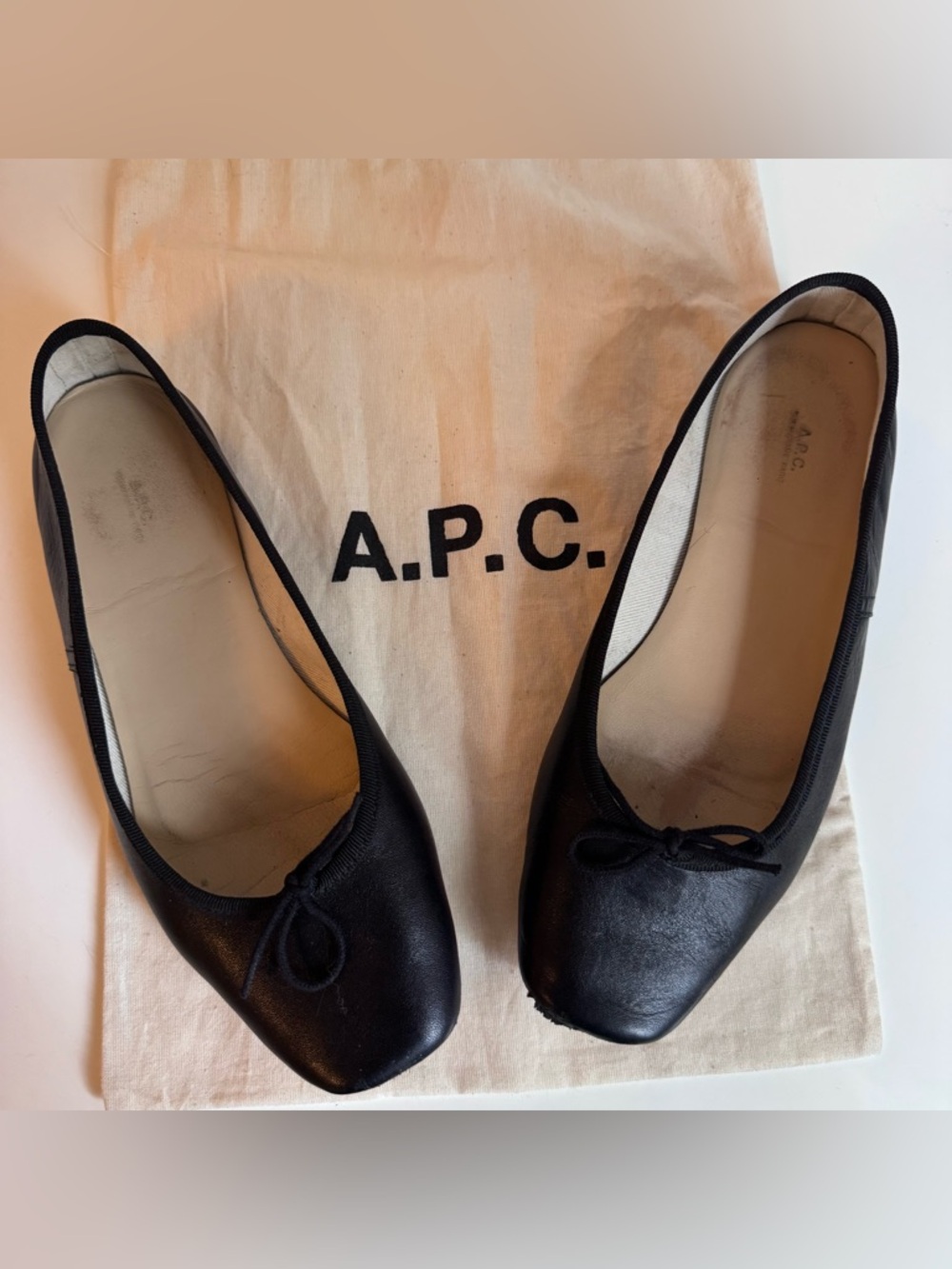 A.P.C. Black Leather Square-Toe Ballet Flats with Bow
